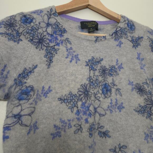 Charter Club 100% Cashmere Luxury Sweater Size S M Short Sleeve Floral Gray Blue - Picture 2 of 4